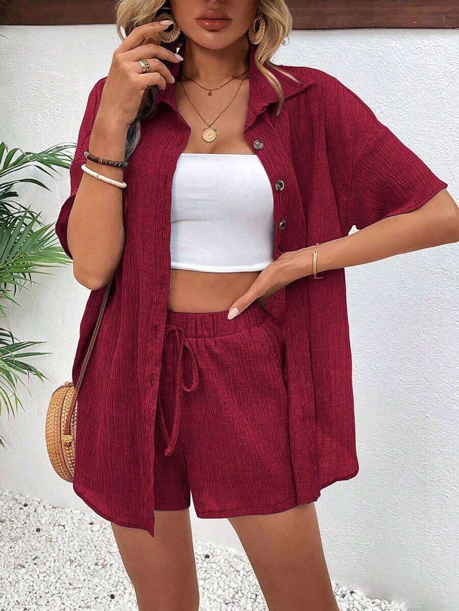 Conjunto de 2 piezas con blusa de manga corta de cuello de botones y shorts con lazo delantero, sencillo, para mujer - Rojo - Ver 1