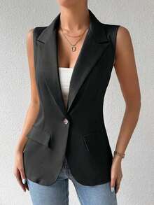 Chaleco Con Cuello De Solapa Para Mujer - Gris Oscuro - Ver 5