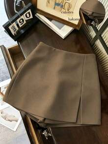 Pantalones cortos/falda/culotte/shorts de mujer de tela suave y texturizada de cintura alta con abertura, de uso versátil y casual, para primavera/otoño - Marrón Mocha - Ver 6