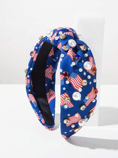 1pc European And American Fashion New Headband, Bohemian Style Tricolor Gemstone Knotted Wide-Brimmed Headpiece, Pearl Hair Accessory Suitable For Women To Wear On Holidays