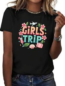 Elegante Camiseta Diaria TopTrip para Mujer - Diseño de patrón brillante, ajuste cómodo, mangas cortas, camiseta casual de cuello redondo, adecuada para todas las estaciones, Camiseta para todas las estaciones.|Diseño divertido| Camiseta de Mujer Cómoda y Ajustada, Estilo Chic y a la Moda - Negro - Ver 1