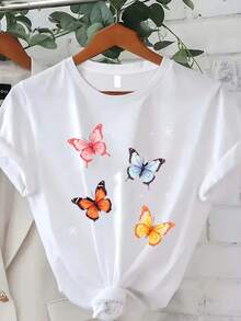 Women's Plus Size Classic T-Shirt With Butterfly Print - Loose, Lightweight, Short-Sleeved, Crew Neck, Ideal For Spring And Fall, Casual Urban Style With Butterfly Wing Design, Suitable For Spring, Summer, And Fall, A Great Gift For Thanksgiving And Christmas. Bestseller. - 白色 - 查看 7