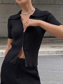 Chaqueta de punto con cremallera de unicolor casual de negocios para mujer - Negro - Ver 1