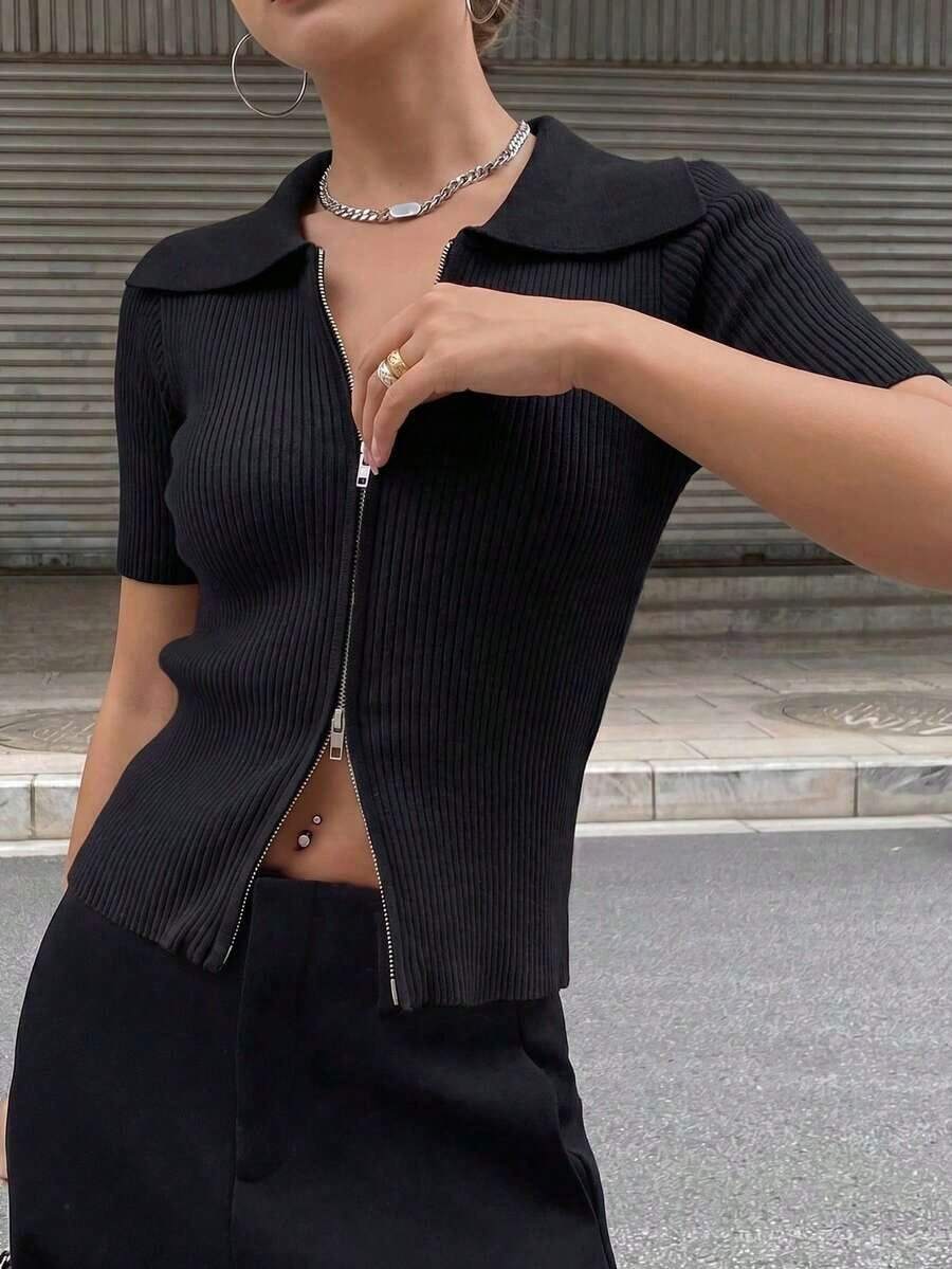 Chaqueta de punto con cremallera de unicolor casual de negocios para mujer - Negro - Ver 1