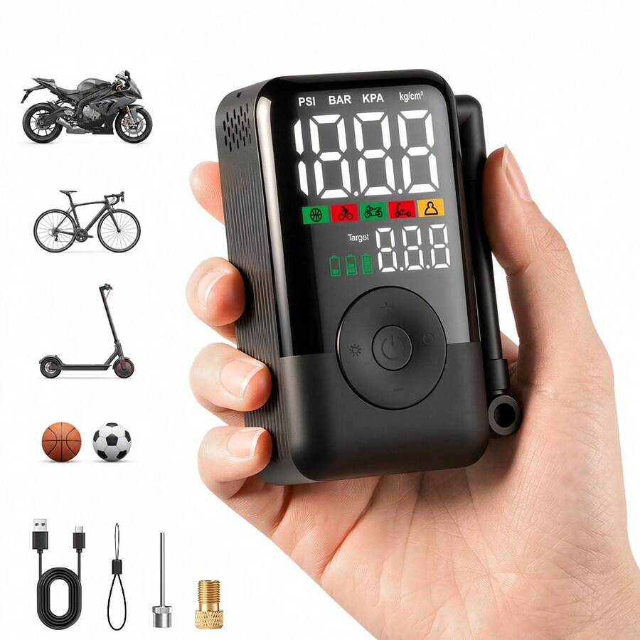 Carsun Palm-Sized Portable 12V Car Air Compressor With Copper Motor, High Power 150PSI, Bicycle Tire Inflator With LED Light For Night Use - Wireless - Dual-screen Color Digital Display Model - View 1