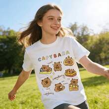 Tops para mujer Casual de Algodón para Mujer con Estampado de Capibara, Manga Corta y Cuello Redondo - Blanco - Ver 6