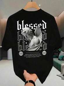 Tops para mujer Casual de Algodón Negra para Mujer con Estampado de Estatua de Ángel, Manga Corta, Cuello Redondo, Estampado de Texto, Largo Regular, Top de Alta Elasticidad - Negro - Ver 1