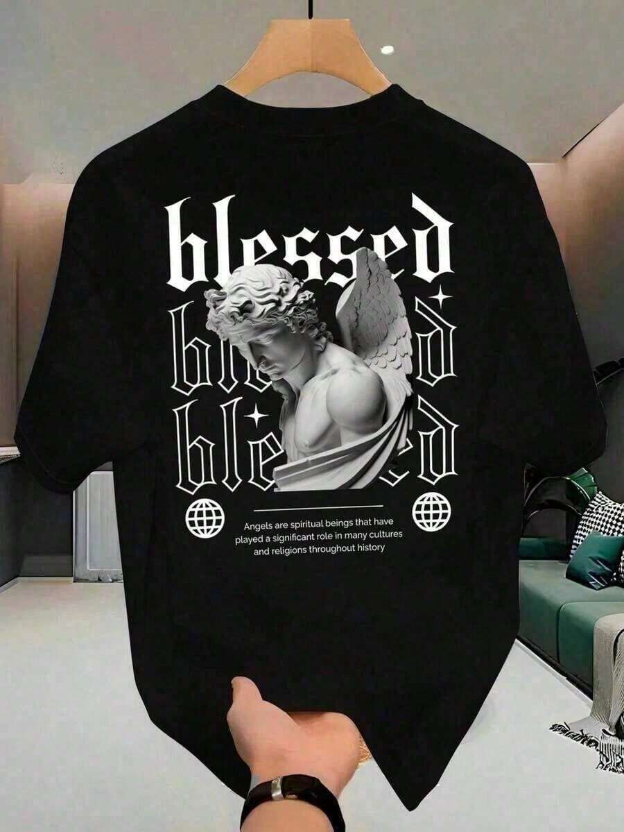 Tops para mujer Casual de Algodón Negra para Mujer con Estampado de Estatua de Ángel, Manga Corta, Cuello Redondo, Estampado de Texto, Largo Regular, Top de Alta Elasticidad - Negro - Ver 1