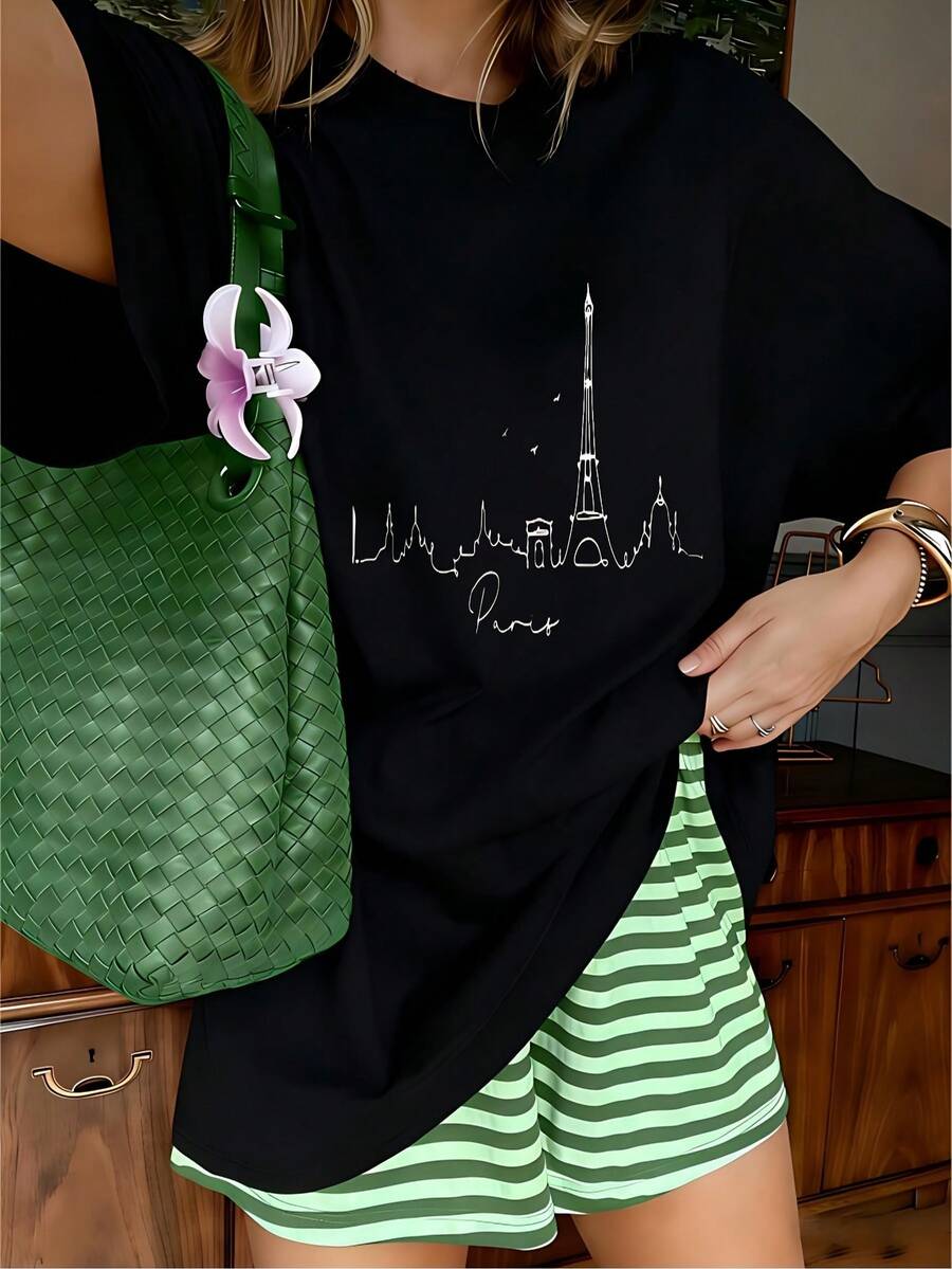 Minimalist Line Art Paris Eiffel Tower Skyline Graphic T-Shirt, 100% Cotton Oversized Soft Breathable Elegant Tee, Casual Crewneck Short Sleeve Top For Travel & Daily Wear - 黑色 - 查看 1