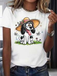 Women's T-Shirt With Cartoon Dog Print, Sun Hat, And Flowers, Casual Summer Top, Party And Vacation Clothes, 100% Cotton, 220m Women's Warmth - 白色 - 查看 7