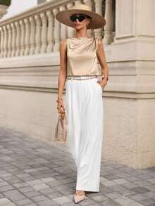 Blusa de satén sin mangas con pliegues para mujer - Albaricoque 3 - Ver 8
