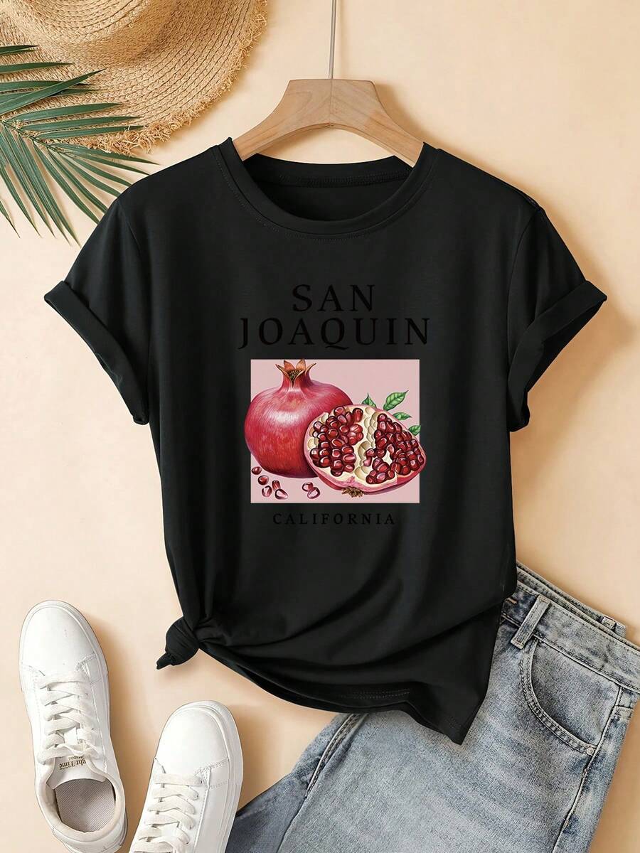 Women's T-Shirt With A California Pomegranate Print, A Stylish, Cheerful, And Cute Design. This Short-Sleeved, Crew-Neck T-Shirt For Young Women Is Machine Washable And Suitable For Everyday Casual Streetwear. It Makes An Ideal Gift And Is Perfect For Home, Office, And Other Occasions. - 黑色 - 查看 1