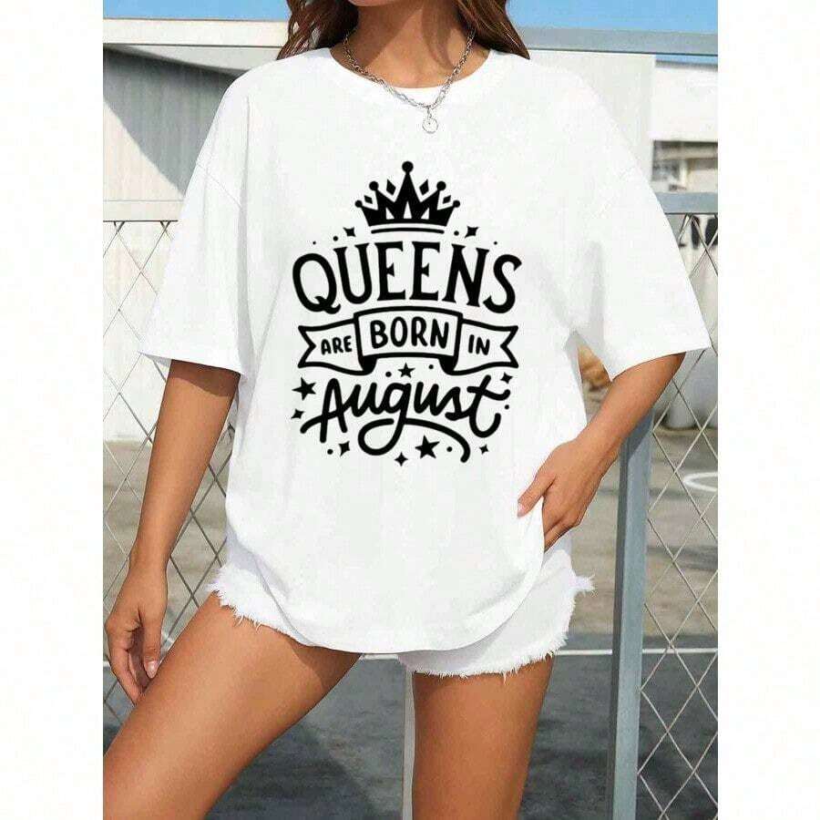 Camiseta gráfica de verano para mujer "August Queens Born in August" - Camiseta blanca de estilo retro vintage con letras negras y diseño de corona, de corte holgado y transpirable, de manga corta y cuello redondo, ideal para el verano, atuendos casuales y para cumpleaños de agosto - Camiseta de manga corta para mujer de AffFashion, estilo básico para uso interior y exterior. - Blanco - Ver 1