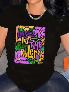 PremiumLaissez Les Bon Temps Rouler Short Sleeve T-Shirt With Floral And Beaded Graphics For Mardi Gras Carnival Festival, 220g Premium, Low Elasticity, 100% Pure Cotton, Loose Fit, Sizes S-XXL, Matching Casual T-Shirts For Couples, Spring Outfits, Everyday Wear,  Clothing For Mother's Day And Victoria Day. - 黑色 - 查看 1