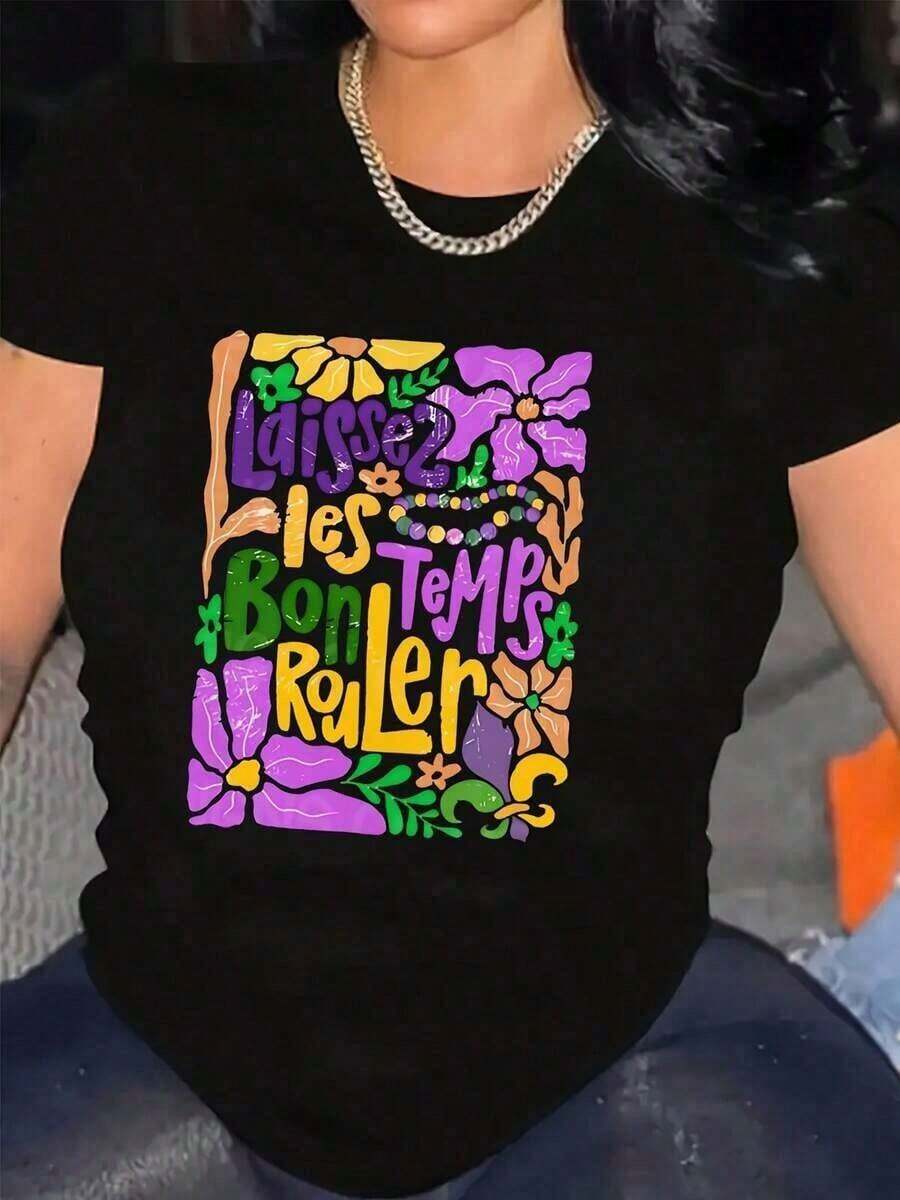 PremiumLaissez Les Bon Temps Rouler Short Sleeve T-Shirt With Floral And Beaded Graphics For Mardi Gras Carnival Festival, 220g Premium, Low Elasticity, 100% Pure Cotton, Loose Fit, Sizes S-XXL, Matching Casual T-Shirts For Couples, Spring Outfits, Everyday Wear, Clothing For Mother's Day And Victoria Day. - 黑色 - 查看 1
