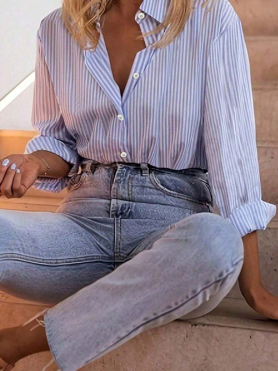 Camisa de manga larga a rayas casual y de uso diario para mujer, color rosa, para primavera - Azul y blanco - Ver 1
