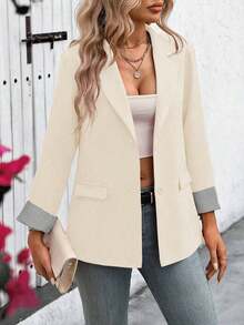 Clasi Chaqueta ligera de estilo casual de negocios para mujer, con cuello de solapa, apta para el lugar de trabajo, de unicolor, para primavera/otoño - Albaricoque - Ver 5