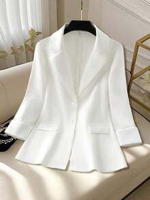 Clasi Chaqueta ligera de estilo casual de negocios para mujer, con cuello de solapa, apta para el lugar de trabajo, de unicolor, para primavera/otoño - Blanco - Ver 6