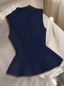 Blazer blanco ajustado de línea A con cuello en V francés, elegante, con lazo y botones sin mangas para mujer, para primavera/verano - Azul marino - Ver 2