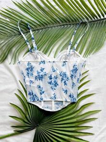 Top de camisola de malla con estampado floral vintage romántico para mujeres, adecuado para vacaciones, citas, té de la tarde, vacaciones, festivales de música, estilo bohemio, primavera/verano - Azul y blanco - Ver 2