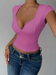 corta de mujer de verano de unicolor con encaje de contraste ajustada - Rosa Fucsia - Ver 4