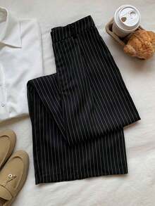 Pantalones casuales y versátiles de cintura alta con pierna ancha de unicolor - Negro 2 - Ver 3
