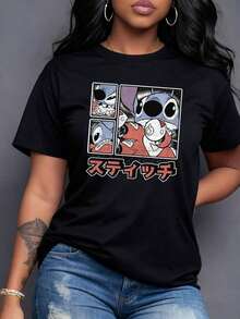 Colorful Figure Showing A Blue Character Expressing Joy, Surprise And Humor In Comic-Style Panels With Japanese Text. Women's Casual Modern Short-Sleeved T-Shirt, Comfortable And Original. - màu đen - Xem 7