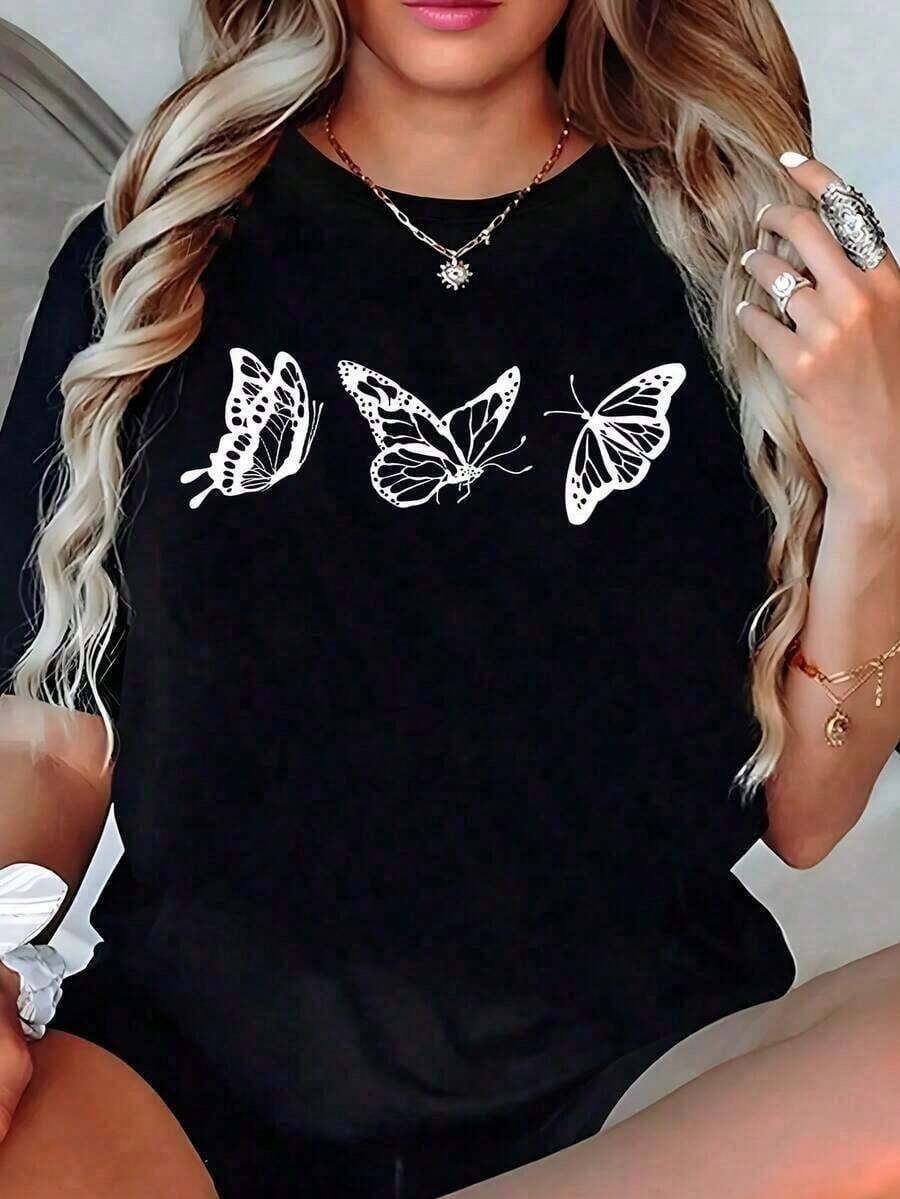 SimpieAndVersatileDesignWomen's-fashionPlayera Negra con Estampado de Mariposas Blancas, Camiseta Casual de Manga Corta Estilo Aesthetic, Blusa Oversize Holgada con Gráfico, Ropa de Mujer a Juvenil, Tops de Verano Lindos U5FPNew loose and versatile topCottonT-Shirt - Negro - Ver 1