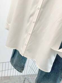 Camisa de vestir informal de manga larga holgada y de hombros caídos de unicolor para mujer, blusas de manga larga - Multicolor 2 - Ver 4