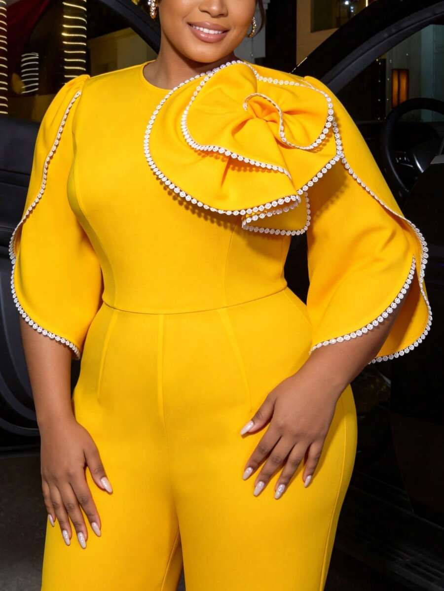 Plus Size Slim Fit Jumpsuit, O-Neck Short Flare Sleeve, 3D Floral Pearl Chain, High Waist Wide Leg Pants, Elegant Commute Business Party Occasions - Yellow - View 1