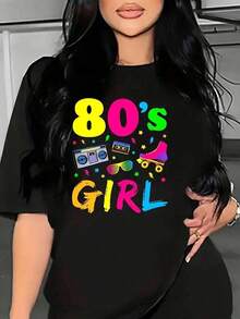 Soft  Conjunto de pantalones de dos piezas con estampado de letras de los 80, camiseta casual de manga corta y conjunto ajustado, ropa deportiva de moda para mujer pattern pattern - Negro - Ver 7