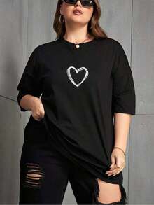 1 pieza de ropa para mujer: camiseta negra con estampado de corazón, camisas, top blanco, camisetas gráficas para mujer, camiseta unisex casual de cuello redondo, tejido de punto ligero de 220 g/m², lavable a máquina, para primavera/verano/otoño, Día de San Valentín, Día de la Madre, Año Nuevo, transpirable y cómoda. - Negro - Ver 2
