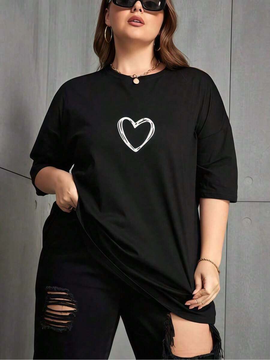1 pieza de ropa para mujer: camiseta negra con estampado de corazón, camisas, top blanco, camisetas gráficas para mujer, camiseta unisex casual de cuello redondo, tejido de punto ligero de 220 g/m², lavable a máquina, para primavera/verano/otoño, Día de San Valentín, Día de la Madre, Año Nuevo, transpirable y cómoda.