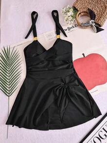 Traje de baño de una pieza con decoración metálica asimétrica con diseño de nube, adecuado para vacaciones en la playa en verano, color negro - Negro - Ver 5