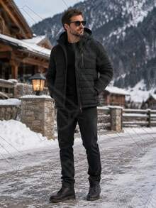 Men's Thermal And Lined Nylon Jacket With Removable Hood - Black - View 3