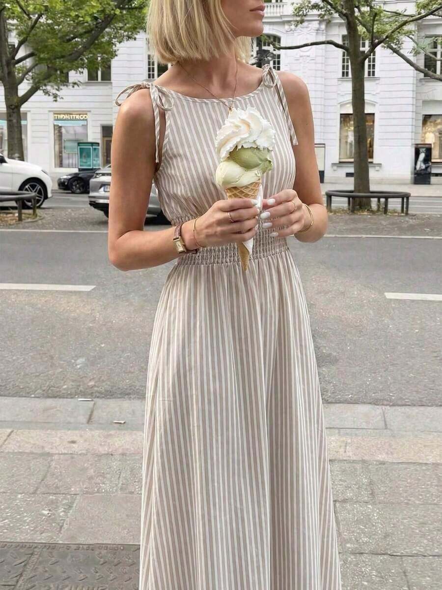 Vestido maxi a cuadros marrones 2026 para mujer, con tirantes de lazo y cintura fruncida con volantes, estilo minimalista casual y perfecto para vacaciones y uso diario - Multicolor 2 - Ver 1