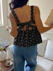 Camiseta de tirantes con volantes y lazo en la espalda con estampado de lunares para mujer - Negro - Ver 2