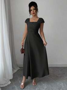 Vestido elegante de manga raglán y cuello cuadrado con detalle cruzado en el busto, de unicolor para mujeres - Negro - Ver 7