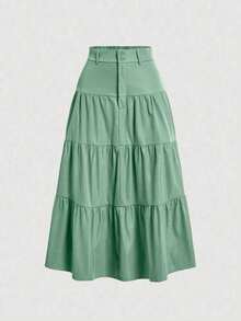 Liuhan Modas Ata Decintura Skirt In Sordaeminina Color With Pleated Three-Tiered Trim - Green 02 - View 1