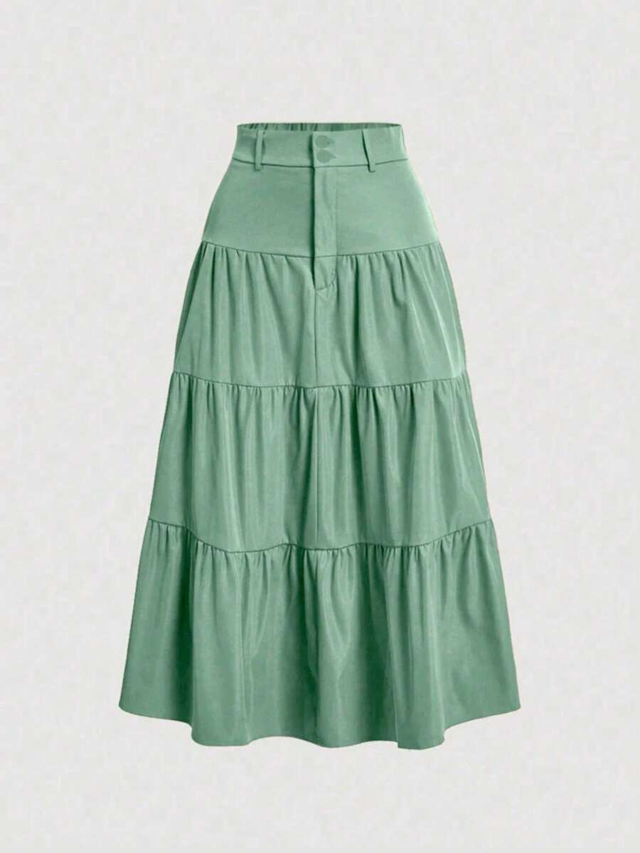Liuhan Modas Ata Decintura Skirt In Sordaeminina Color With Pleated Three-Tiered Trim - Green 02 - View 1
