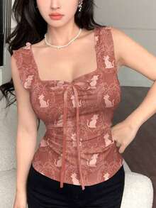 Top de tirantes con estampado de corazón y diseño de cintura ajustada, con lazo, moda de verano - Multicolor 2 - Ver 3