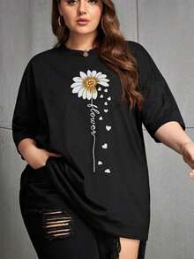 Camiseta de manga corta con cuello redondo y estampado para mujer. Perfecto para citas, desplazamientos diarios y salidas informales. Diseño clásico minimalista de cuello redondo, fácil de combinar y adecuado para todas las formas de cuerpo. - Negro - Ver 1