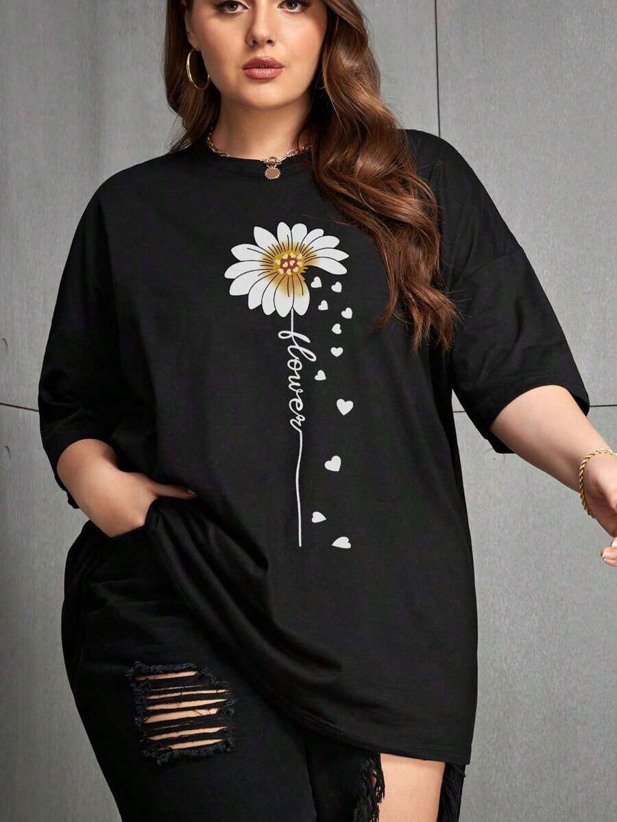 Camiseta de manga corta con cuello redondo y estampado para mujer. Perfecto para citas, desplazamientos diarios y salidas informales. Diseño clásico minimalista de cuello redondo, fácil de combinar y adecuado para todas las formas de cuerpo. - Negro - Ver 1
