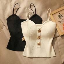 Camisola de belleza Sexy de estilo francés con tirantes cruzados para mujer, camiseta sin mangas ajustada, camisetas sin mangas cortas con almohadilla para el pecho, verano - Negro - Ver 4