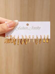 12/48pcs Gold Earring Set, Twisted Earrings, Faux Pearl Decor, Fashion Layered Earring Set, Casual Wear, Perfect Memorial Gift - Gold - View 12