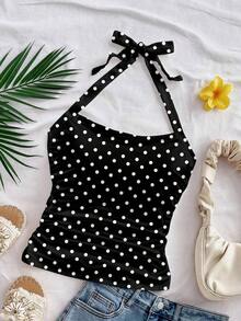 Parte superior corta ajustada con cuello de halter casual para vacaciones de mujer, verano de mujer, sin espalda, ropa de vacaciones de mujer, lunares, primavera de mujer, verano, parte superior para salir de mujer, vacaciones de mujer - Negro - Ver 3