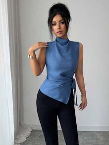 Camisa sin mangas elegante para mujer con tela de aspecto de mezclilla, cuello alto, cintura fruncida, bajo asimétrico, color azul elegante para uso casual diario, primavera/verano - Azul - Ver 4