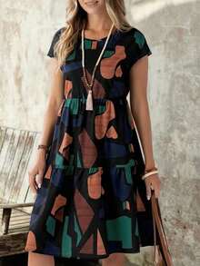Vestido de mujer de manga corta con cuello redondo y estampado geométrico de verano - Negro 2 - Ver 8
