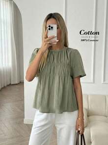 Camisa casual de mujer de unicolor, cuello redondo, manga corta y plisada - Verde - Ver 3