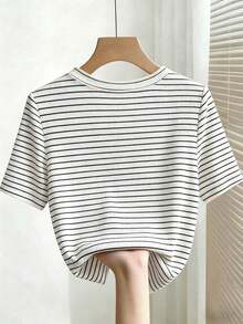 Camiseta de manga corta con cuello redondo ajustado, con cuentas y acanalada, elegante para mujeres - Blanco y Negro - Ver 2